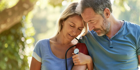 Fototapeta premium Blood pressure medication. A man and woman taking care of themselves with armband.