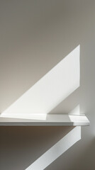 Focus on a white deep shelf against a white interior wall, subtly highlighted by beige light shadows.
