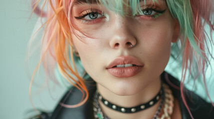 close up portrait of young woman with multi-colored hair and piercing, creative makeup and alternative fashion rock  style