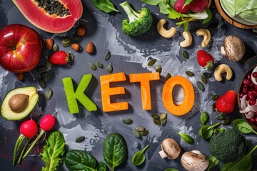 Keto diet concept: stack of low-carb vegetables, fruits, greens, and nuts with keto text, showcasing nutritious options for ketogenic eating habits.