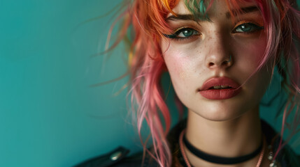 close up portrait of a young woman with bright rainbow-colored hair and sparkly makeup, expressing urban youth culture