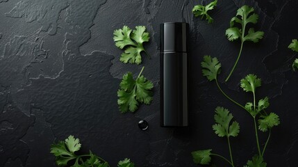 Modern, minimalist coriander perfume bottle on a sleek black surface, with a few coriander leaves artistically arranged around it realistic