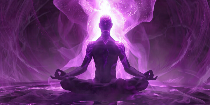 Steady Purple Aura: A person sits in lotus position, their body surrounded by a soothing purple glow.