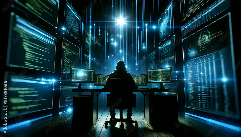 Poster a cybersecurity expert at work in a high-tech environment. please review it and let me know if any a