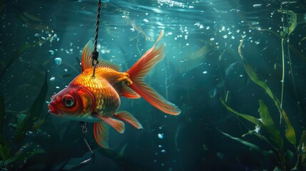 Phishing Concept - Under Water Scene With Goldfish And Login Information Attached To Large Hook realistic