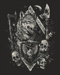 Wolf and skull on black background for clothing design