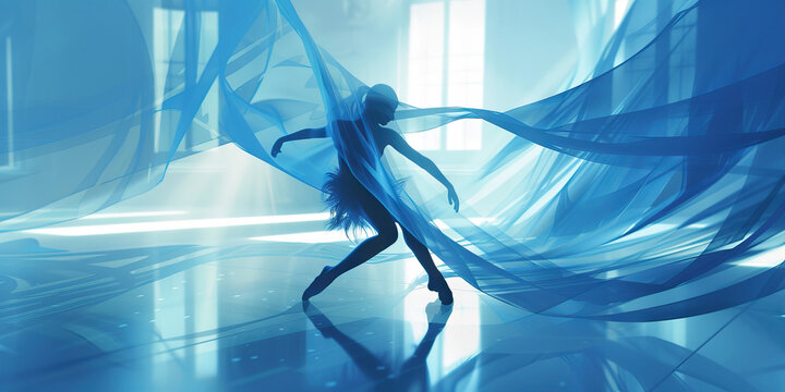 Cool Blue Twist: A figure dances in the center of a room, their body twisting and contorting into a series of graceful, blue-hued poses