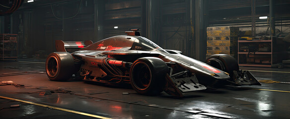 Naklejka premium Sleek, black race car with red markings sits in a well-lit garage.