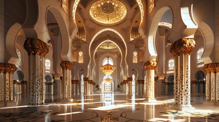Fototapeta premium Beautiful mosque interior with warm sunlight streaming through the windows