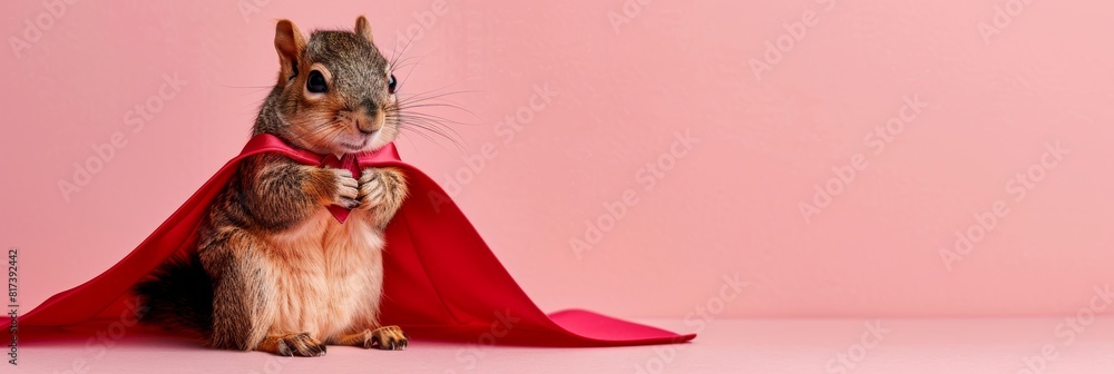 Poster flying squirrel in superhero cape on pastel gradient background with ample space for text placement