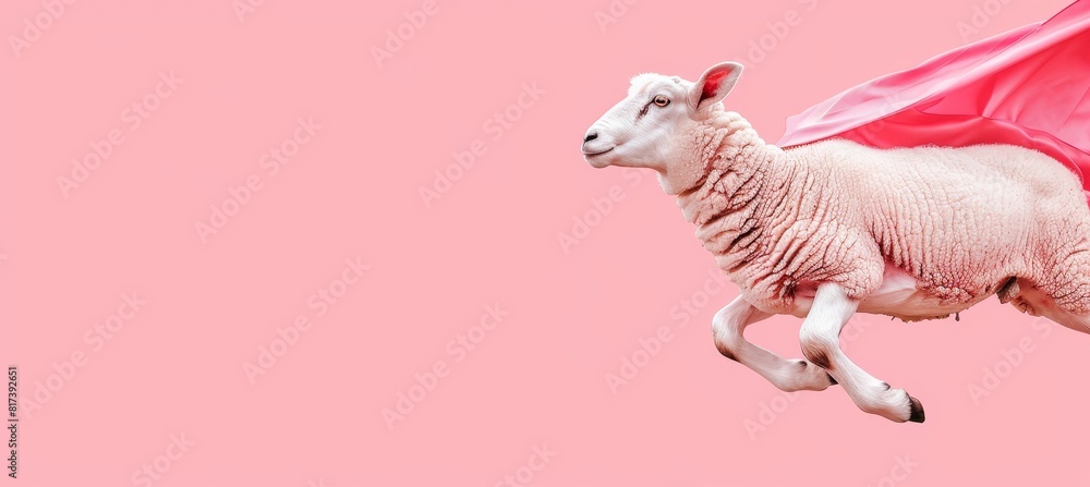 Poster superhero sheep flying on gradient pastel background with ample space for text placement