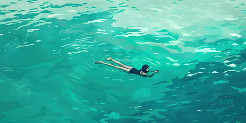 Calm Waters: A Person Floats Serenely in the Turquoise Sea, Surrounded by the Serene Blue-Green Hue of the Ocean, Embracing the Peaceful Beauty of Nature.