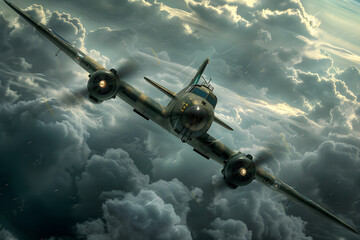 Soaring High: A Riveting Capture of a World War II Aircraft in Action over the Towering Clouds