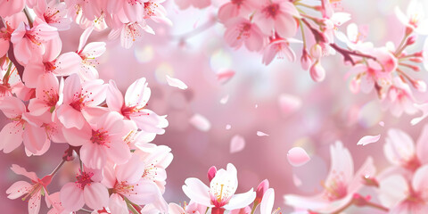 Soft Pink Blossom: A branch heavy with cherry blossoms, petals fluttering gently in the breeze