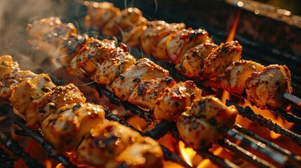 Chicken kebab being prepared on a grill