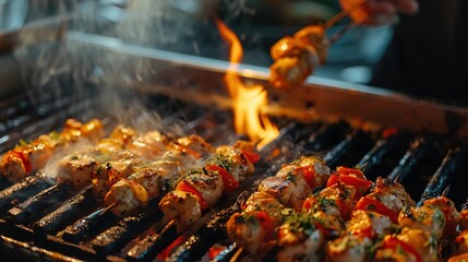 Chicken kebab being prepared on a grill