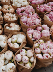 Peonies in various shades and colors, stacked on top of each other inside brown paper boxes at the flower market.Minimal creative nature and business concept.Flat lay
