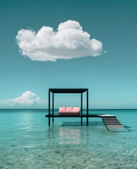 Floating gazebo with stairs and a sofa, clouds above. Surrounded by blue water. Minimal creative summer vacation and travel concept