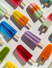 layout of colorful ice creams on sticks.Minimal creative food concept.Flat lay