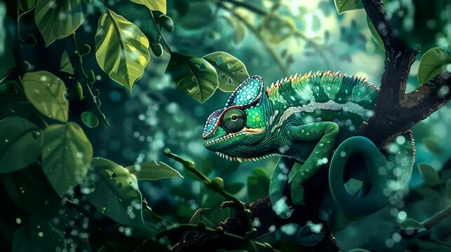 Chameleon blending into emerald foliage. Anime or digital painting style, looping 4k video animation background