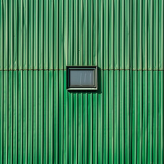 A minimalist photograph of an industrial building facade, featuring green corrugated metal walls with a small window in the center. 