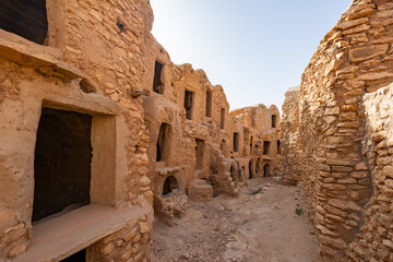 Ruined ghorfas in Fortified Ksar Mgabla Berber settlement, Tataouine, southeast Tunisia