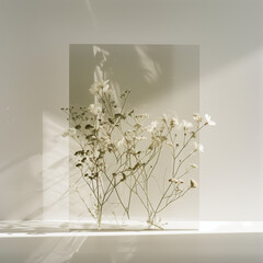 flowers on a wall with copy space.Minimal creative interior and nature concept.