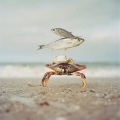 Surreal photograph of sea crabs and fish athletes exercising on the beach.Minimal creative food and sport concept.