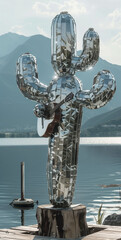 Silver disco cactus with a guitar by the lake.Minimal creative party concept.