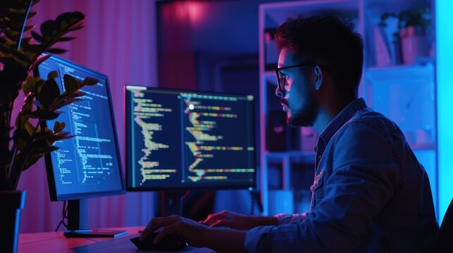 Attractive professional software developer coding program or engineering prompt. Skilled programmer typing computer and laptop while developing system with blurring background. Technology. AIG42.