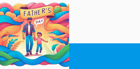 Fathers day greeting card with dad and son. Vector illustration.