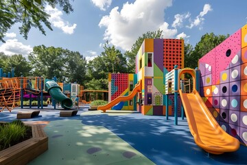 Vibrant playground at the geometric school building offering dynamic play experiences