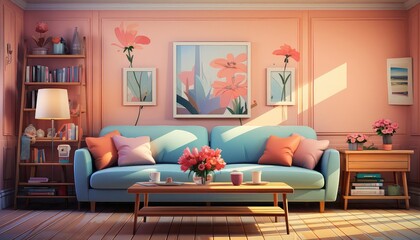 Family Room background flat design front view cozy gathering theme animation Complementary Color Scheme