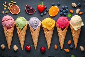 Assorted ice cream flavors in cones with fresh berries and nuts.