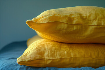 Stacked Yellow Pillows on Bed with Soft Lighting

