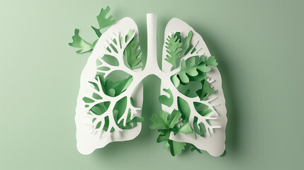 White paper cut art style human lungs shape on light green background. Top view. Respiratory health, pulmonary function, health diagnostic concept