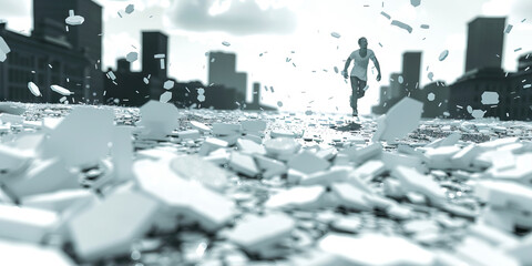 Man running on cityscape littered with crumbs of rocks on the ground. White chase powder rocks.