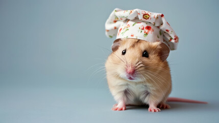 cute hamster in chef hat against soft blue background, ample copy space 