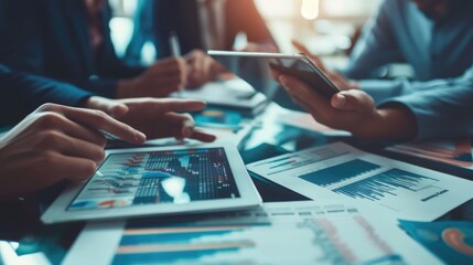 Group of professional business people working together and discussing about marketing strategy. Skilled business team planning about financial plan while looking at stock market chart at table. AIG42.