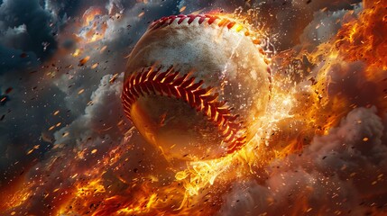 Baseball ball thrown at high speed leaving fiery trail as it hurtles towards the batter