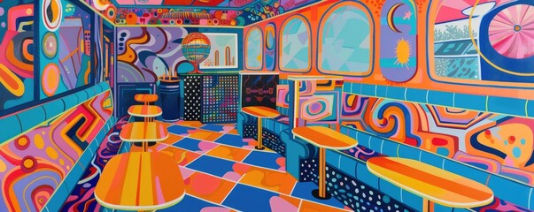 Abstract representation of a 1950s diner with vibrant, multicolored decor. Bright pinks, blues, and yellows dominate the scene, giving a modern and energetic twist to the classic retro interior.