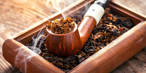 A pipe tobacco tin gleams with polished wood, its aromatic smoke hinting at ancient memories.