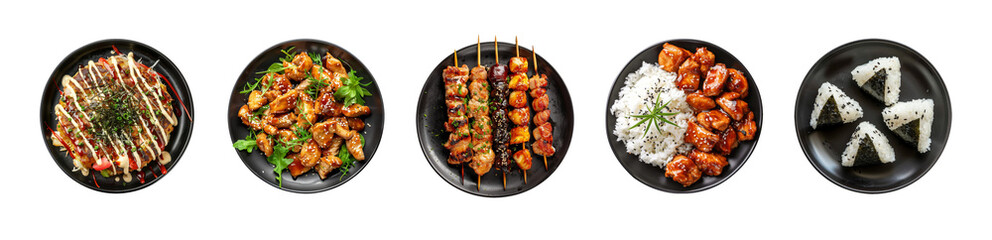 Set of plates with Japanese dish isolated on transparent background. Okonomiyaki, teriyaki chicken, yakitori, teriyaki chicken with rice, onigiri. Asian food clip art. Design elements for menu, banner