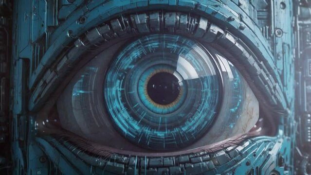 A detailed cybernetic eye is shown in the foreground, with a blurred background of circuits and electronic components, a futuristic and advanced technological world concept, where man-machine 