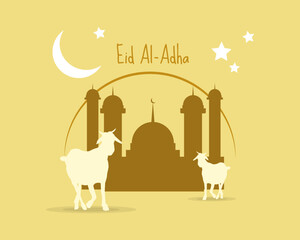 Eid al-Adha Mubarak  celebration of Muslim community, Festival Eid Al Adha Greeting card, poster with sacrificial sheep and crescent moon cream brown background. Vector illustration.
