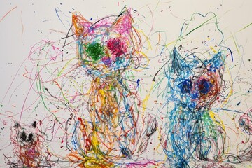 The hand drawing colourful picture of the group of the various type of the cat that has been drawn by the colored pencil or crayon on the white background that seem to be drawn by the child. AIGX01.