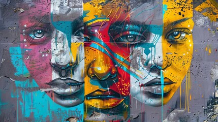 artistic graffiti with abstract faces and dripping paint on urban wall street art photography