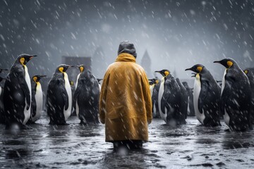 A Boy Among Penguins Embracing the Rainy Day Magic.