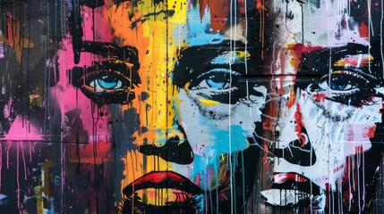 artistic graffiti with abstract faces and dripping paint on urban wall street art photography