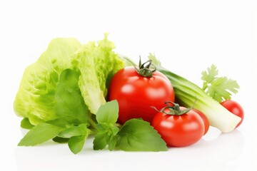 A vibrant arrangement of fresh tomatoes, lettuce, and herbs isolated on a white background. Copy space available.